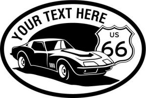 Custom pewter or zinc Crest - customized and personalized your way - Car designs - US route 66 - vintage cars - classic cars - corvette - sports car - your text, route 66, route sixty six, route sixty-six, historic highway, historic road, mother road, transportation