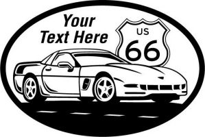 Custom pewter or zinc Crest - customized and personalized your way - Car designs - US route 66 - vintage cars - classic cars - corvette - your text, route 66, route sixty six, route sixty-six, historic highway, historic road, mother road, transportation
