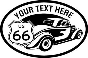 Custom pewter or zinc Crest - customized and personalized your way - Car designs - US route 66 - vintage cars - classic cars - coupe - sports car - your text, route 66, route sixty six, route sixty-six, historic highway, historic road, mother road
